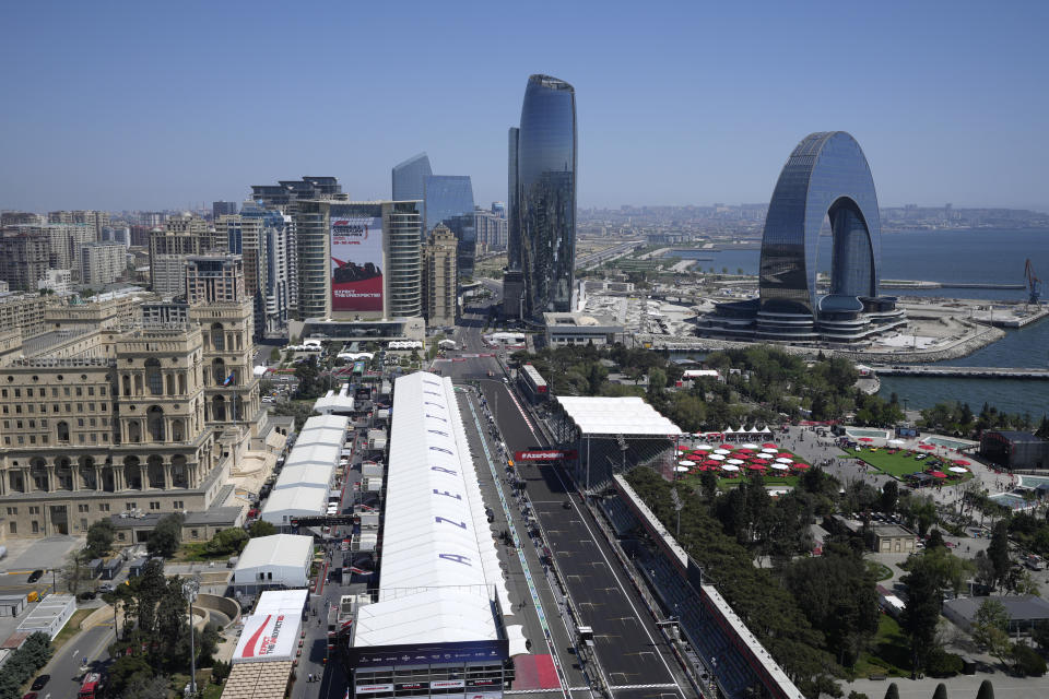 A view of the Baku circuit, in Baku, Azerbaijan, Thursday, April 27, 2022. The Formula One Grand Prix will be held on Sunday April 30, 2023. (AP Photo/Sergei Grits)