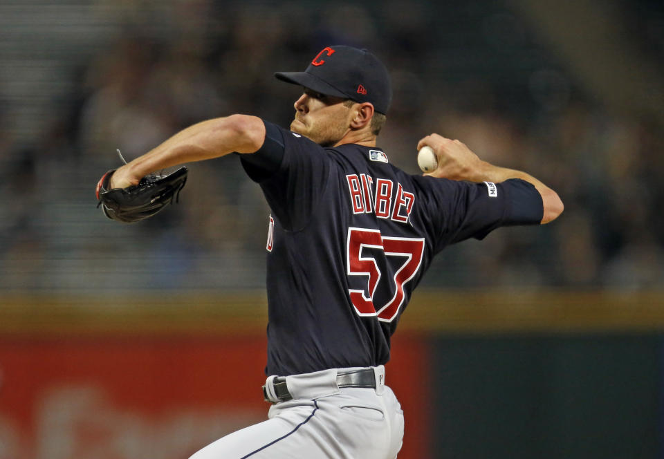 CHICAGO, ILLINOIS - SEPTEMBER 25: Shane Bieber #57 of the Cleveland Indians pitches in the first inning during the game against the Chicago White Sox at Guaranteed Rate Field on September 25, 2019 in Chicago, Illinois. (Photo by Nuccio DiNuzzo/Getty Images)