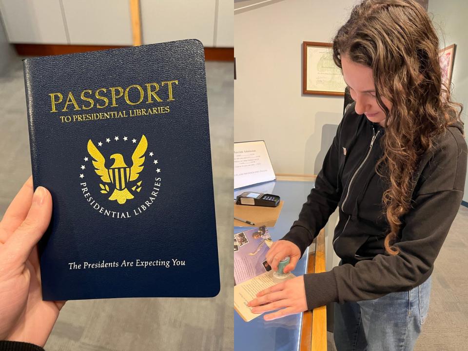 A split image showing a presidential library passport (left) and Talia Lakritz stamping her passport.