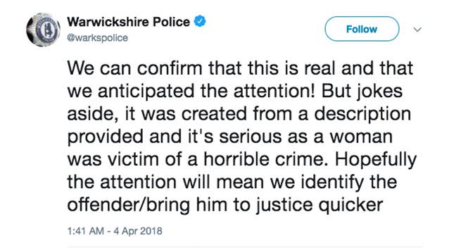 Warwickshire Police were forced to deny that the sketch was an April Fool's joke. Source: Twitter/Warwickshire Police