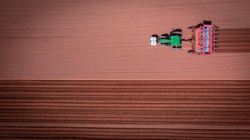 Aerial view of tractors planting potatoes and plowing a field in  Roseberry, PEI on sunny afternoon, late-April. Pictured: Randy Visser, president of G Visser & Sons in Orwell Cove, P.E.I., and his nephew Ben Visser, farm operations manager Taken 21-Apr, 2022. 