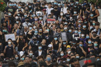 Protesters gather near the Legislative Council as they continue to protest against the unpopular extradition bill, Monday, June 17, 2019, in Hong Kong. A member of Hong Kong's Executive Council says the city's leader plans to apologize again over her handling of a highly unpopular extradition bill. (AP Photo/Kin Cheung)