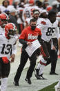 Cleveland Browns head coach Kevin Stefanski runs off the field at halftime during an NFL game against the Pittsburgh Steelers, Sunday, Oct. 18, 2020, in Pittsburgh. The Steelers defeated the Browns 38-7. (Margaret Bowles via AP)