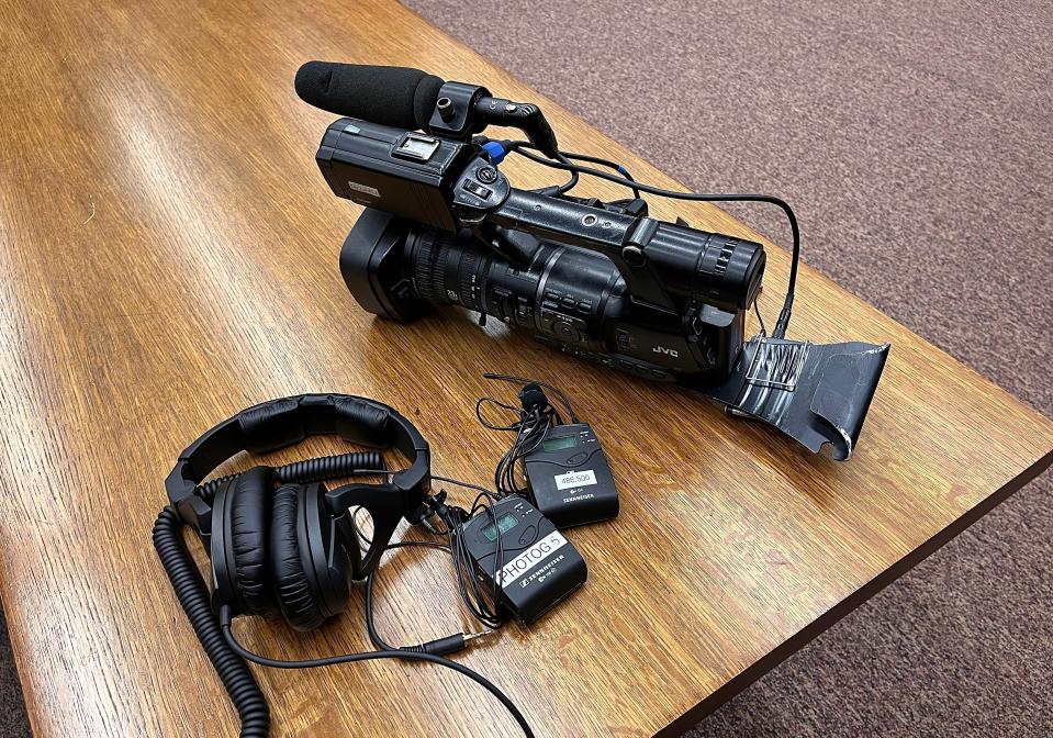 The JVC camera and audio equipment that Evansville’s NBC affiliate, 14 News, used to record portions of Elizabeth Fox-Doerr’s ongoing murder trial on Monday, May 6, 2024.