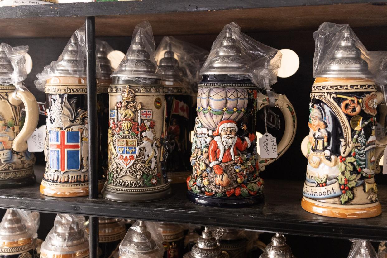 Authentic German steins are one of the many items available for shoppers this weekend at the Germania Society's Christkindlmarkt.