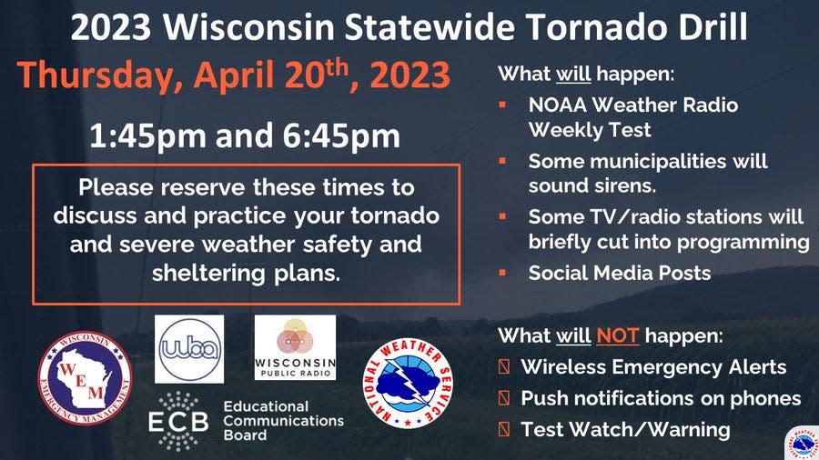 This infographic shows the plans for a tornado drill for April 20, released April 6, 2023.