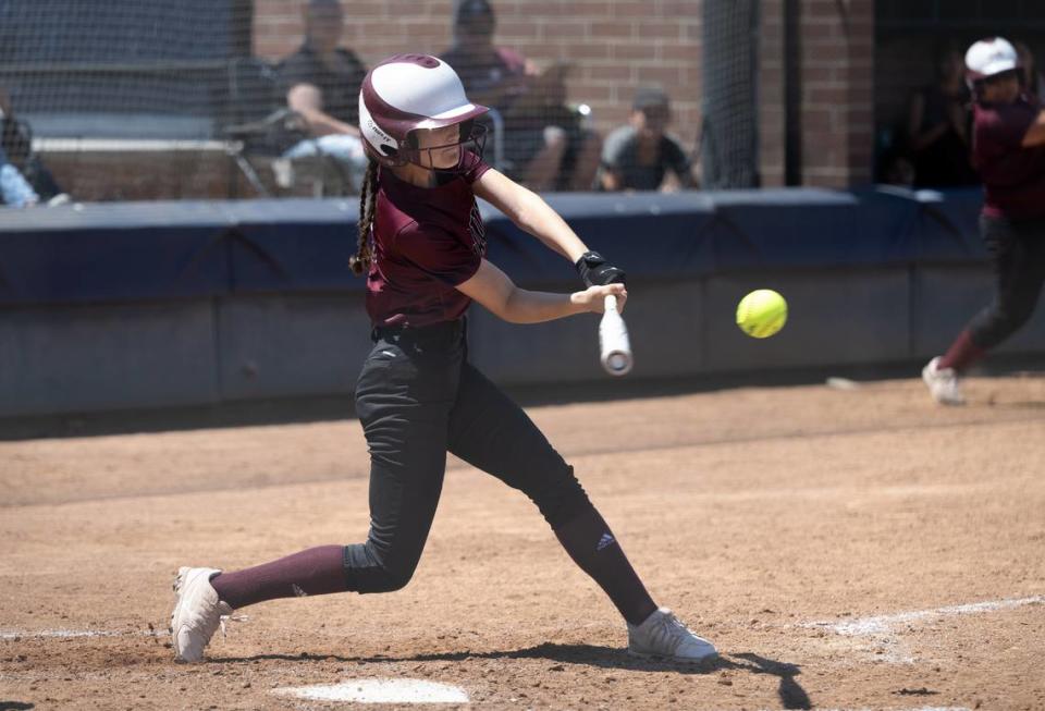 Riverbank’s Sophia DeMatteo connects for a double during the Sac-Joaquin Section Division VI championship game with Summerville at Cosumnes River College in Sacramento, Calif., Saturday, May 20, 2023. Summerville won the game 4-1.