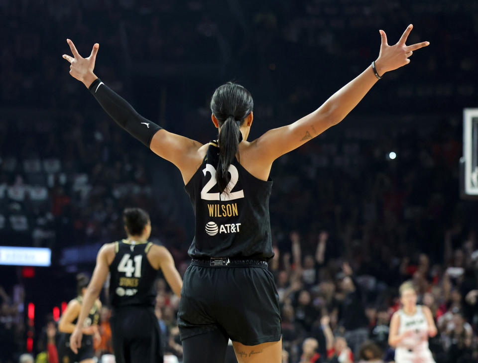 Las Vegas Aces forward A'ja Wilson gestures after her teammate Jackie Young hit a 3-pointer during WNBA playoffs at Michelob Ultra Arena in Las Vegas on Sept. 17, 2023. (Photo by Ethan Miller/Getty Images)