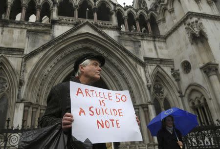 Demonstrators stand outside the High Court during a legal challenge to force the British government to seek parliamentary approval before starting the formal process of leaving the European Union, in London, Britain, October 13, 2016. REUTERS/Toby Melville