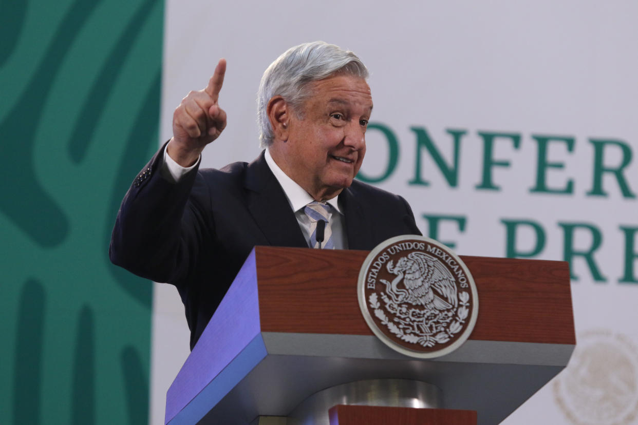 MEXICO CITY, MEXICO - MARCH 17, 2021: Mexicos president Andres Manuel Lopez Obrador, gestures during his daily morning briefing, to speak about apply Covid-19 vaccine to elderly in Mexico, at National Palace. on March 17, 2021 in Mexico City, Mexico.
 (Photo credit should read Ismael Rosas / Eyepix Group/Barcroft Media via Getty Images)