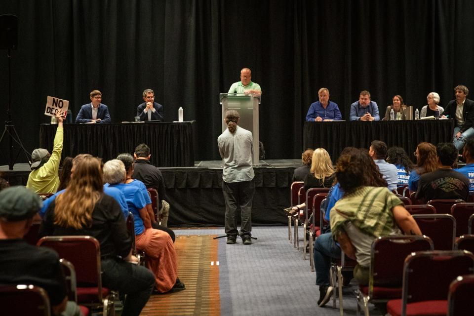 The public commenter, out of about 100 speakers, gives public comment at a TCEQ permitting hearing on Inner Harbor desalination plant plans Thursday evening just before 11:30 p.m., April 18, 2024, in Corpus Christi, Texas.