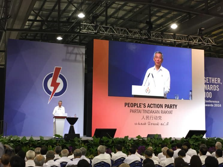 Prime Minister Lee Hsien Loong speaking at Sunday's (4 December) PAP Conference and Party Awards event. (PHOTO: Nicholas Yong / Yahoo Newsroom)