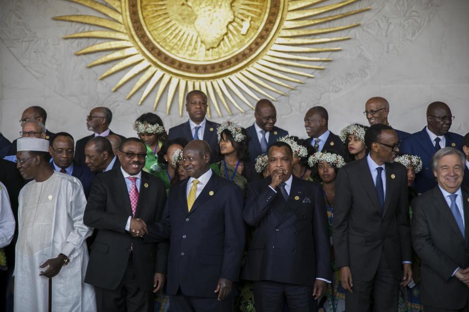 Leaders gather for a group photo of the 28th Ordinary Session of the Assembly of the African Union in Addis Ababa, Ethiopia, Monday, Jan. 30, 2017. The U.N. Secretary General Antonio Guterres, front right, on Monday commended African countries for opening their borders to refugees and people fleeing violence.(AP Photo/Mulugeta Ayene )
