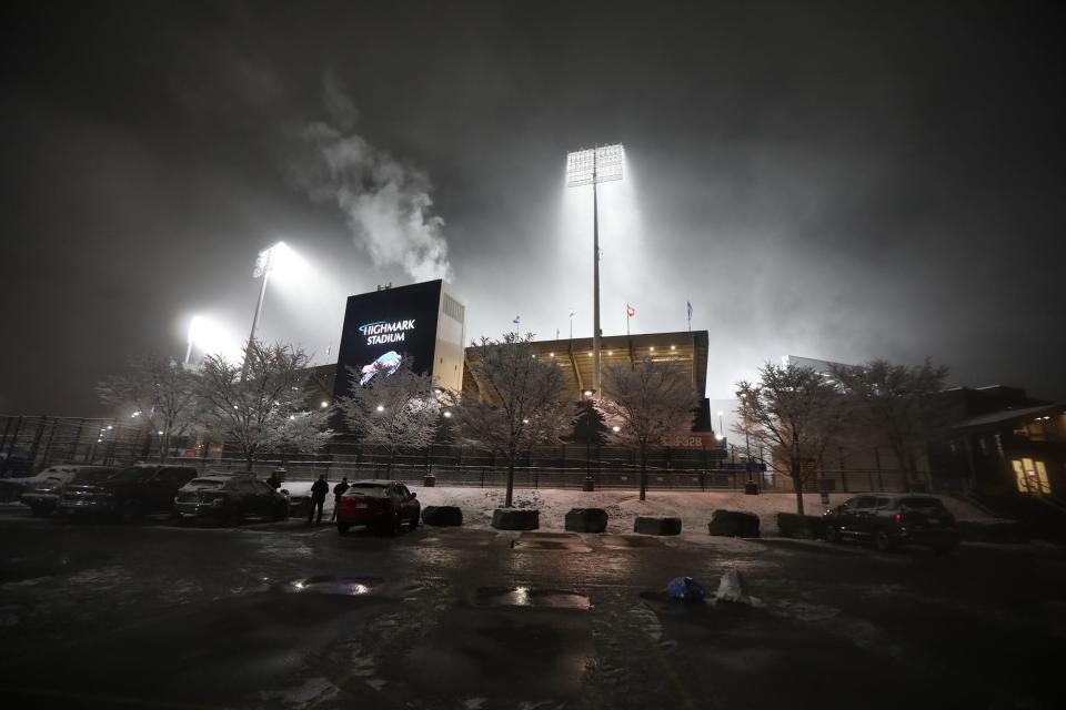 Highmark Stadium remains lit hours after the Buffalo Bills season was wrapped up with their home loss to the Cincinnati Bengals.