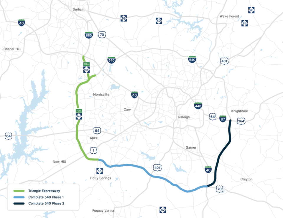 The middle section of the Triangle Expressway, N.C. 540, will open across southern Wake County this summer. The final leg, from between Interstates 40 and 87 on the east side, is scheduled to be completed in 2028.