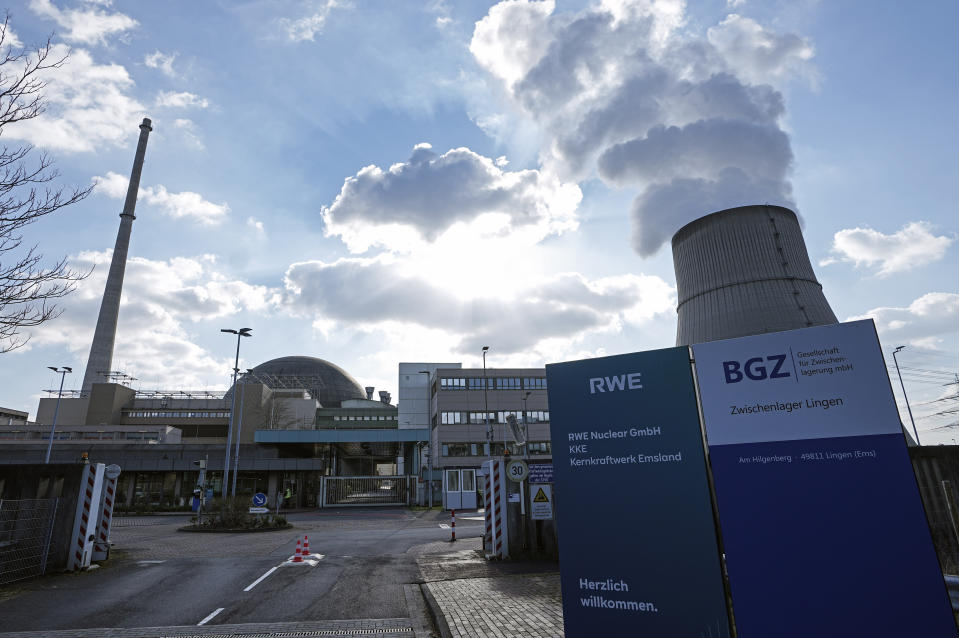 FILE - Exterior view of the RWE nuclear power plant 'Emsland' in Lingen, western Germany, March 18, 2022. German Chancellor Olaf Scholz has ordered preparations for all of the country's three remaining nuclear reactors to continue operating until mid-April 2023. The move marks another hiccup in the country's long-running plan to end the use of atomic energy. (AP Photo/Martin Meissner, file)