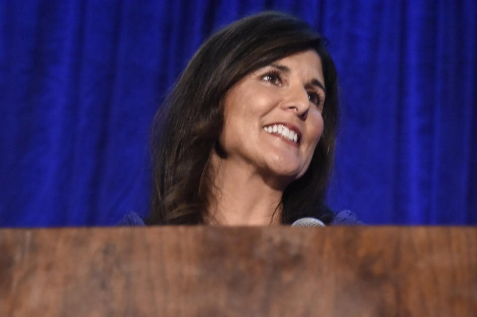 Former U.N. Ambassador Nikki Haley, a potential 2024 presidential contender and former South Carolina governor, speaks at a fundraiser hosted by The Citadel Republican Society after receiving the group's highest honor, the Nathan Hale Patriot Award, on Thursday, Dec. 2, 2021, in Charleston, S.C. (AP Photo/Meg Kinnard)