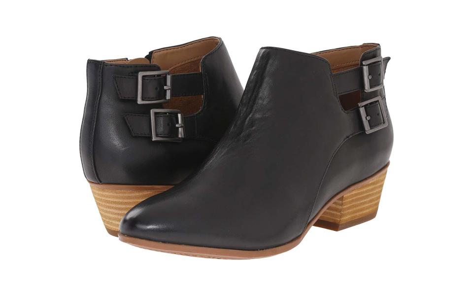 <p>This black leather <a rel="nofollow noopener" href="http://www.anrdoezrs.net/links/7876402/type/dlg/sid/TL_WalkingShoes/http://www.zappos.com/p/clarks-spye-astro-black-leather/product/8624961/color/72" target="_blank" data-ylk="slk:Clarks ankle boot;elm:context_link;itc:0;sec:content-canvas" class="link ">Clarks ankle boot</a> will seamlessly take you <a rel="nofollow noopener" href="http://www.travelandleisure.com/style/travel-accessories/day-to-night-travel-style" target="_blank" data-ylk="slk:from breakfast to nightlife;elm:context_link;itc:0;sec:content-canvas" class="link ">from breakfast to nightlife</a> and looks great with dresses, skirts, and denim. An OrthoLite footbed provides plenty of underfoot cushioning, and the low block heel is the perfect height for all-day wear.</p>