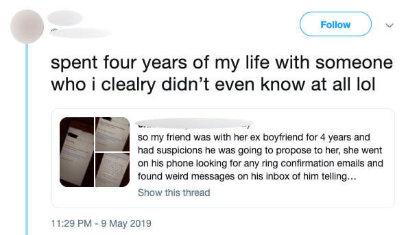 The young woman's Twitter post in which she said she had "spent four years" of her life with the man who would go on to betray and hurt her. Source Twitter