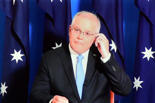 Prime Minister Scott Morrison delivers a press conference to media virtually from The Lodge on November 30, 2020 in Canberra, Australia. 