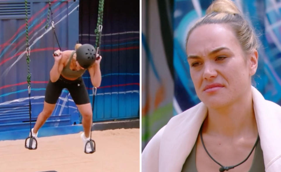 Left: Jules doing the second chance challenge, balancing. Right: Jules being unhappy with the challenge.