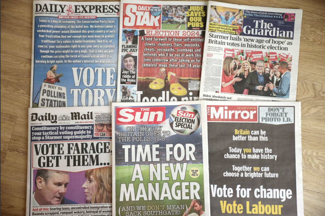 Front pages of newspapers on 4 July election day 2024.