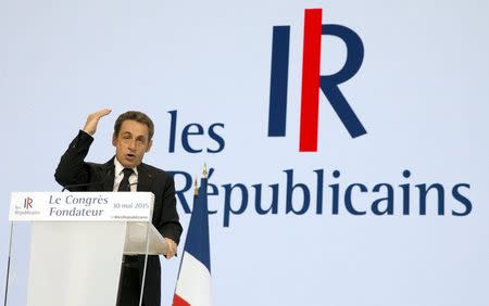 Nicolas Sarkozy, former French president and head of the newly renamed "The Republicans" political party, delivers a speech during a rally in Paris, France, May 30, 2015. REUTERS/Philippe Wojazer