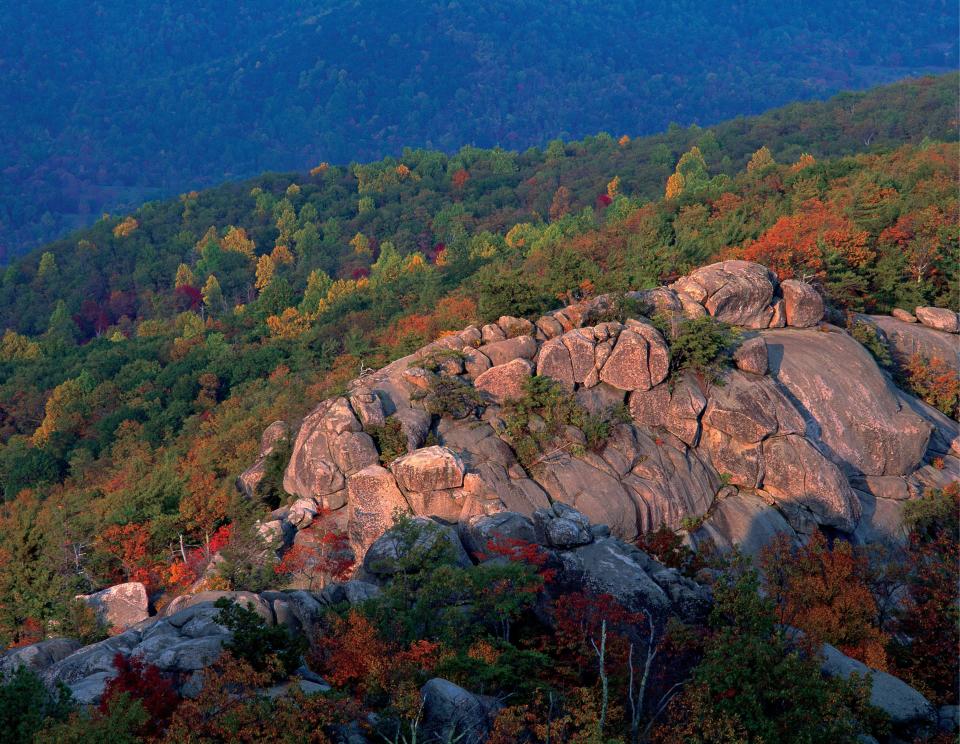 Old Rag Mountain trail in Shenandoah National Park, Virginia, offers hikers a scenic climb through dense Appalachian forest, ending with a boulder scramble with views of the Blue Ridge mountains.