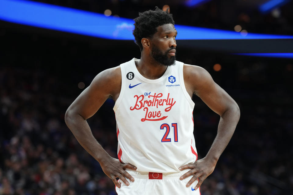 PHILADELPHIA, PA - NOVEMBER 19: Joel Embiid #21 of the Philadelphia 76ers looks on against the Minnesota Timberwolves at the Wells Fargo Center on November 19, 2022 in Philadelphia, Pennsylvania. NOTE TO USER: User expressly acknowledges and agrees that, by downloading and or using this photograph, User is consenting to the terms and conditions of the Getty Images License Agreement. (Photo by Mitchell Leff/Getty Images)