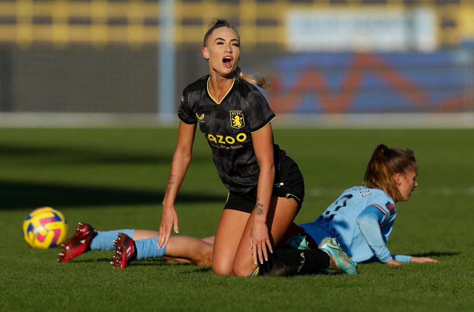 Soccer Football - Women's Super League - Manchester City v Aston Villa - Manchester City Academy Stadium, Manchester, Britain - January 21, 2023 Aston Villa's Alisha Lehmann reacts Action Images via Reuters/Jason Cairnduff