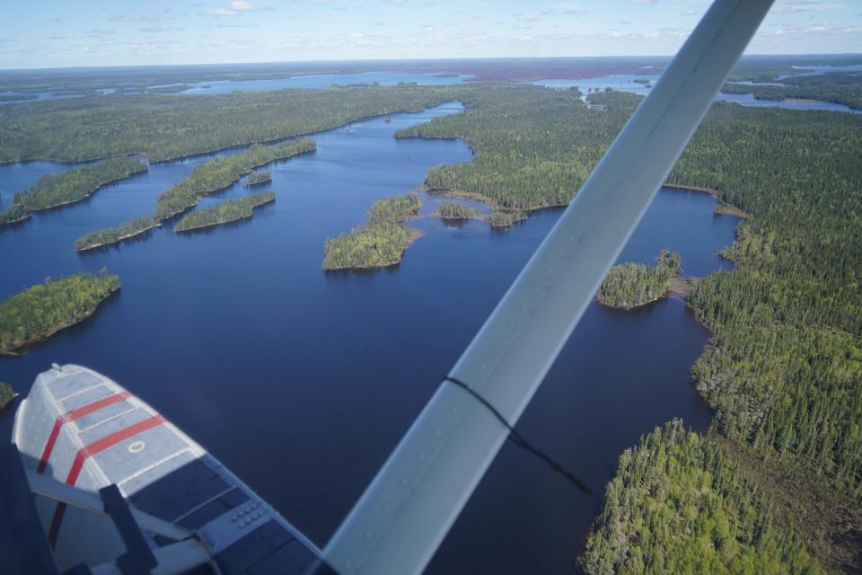 A view of lakes in the wilderness near Ignace, Ontario, from a float plane on a trip to Seseganaga Lake.