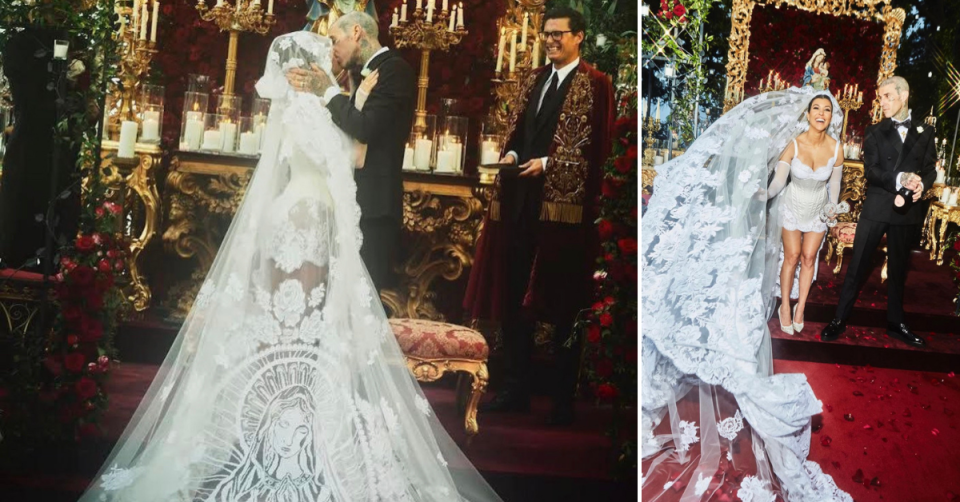 Two images of Kourtney Kardashian and Travis Barker inside the church in Portofino Italy for their wedding. At left, they are pictured from the side kissing as the priest smiles on. She has a long veil and train in lace with an image of the Maddonna; at right, she shows off her white mini dress and long train.