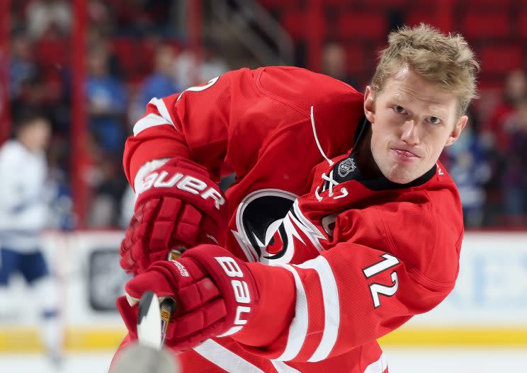RALEIGH, NC - FEBRUARY 21: Eric Staal #12 of the Carolina Hurricanes warms up prior to an NHL game against the Tampa Bay Lightning at PNC Arena on February 21, 2016 in Raleigh, North Carolina. (Photo by Gregg Forwerck/NHLI via Getty Images) 