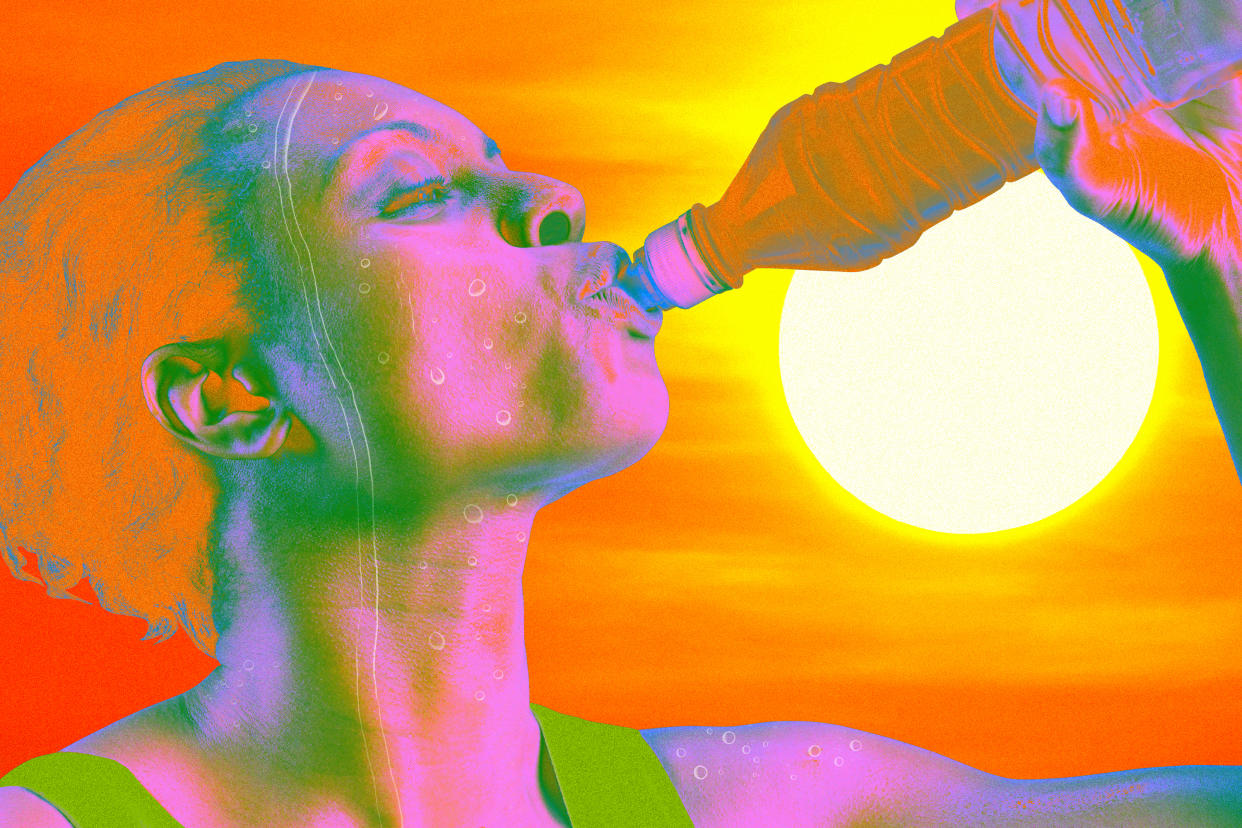 Photo illustration of a sweating person drinking from a water bottle.