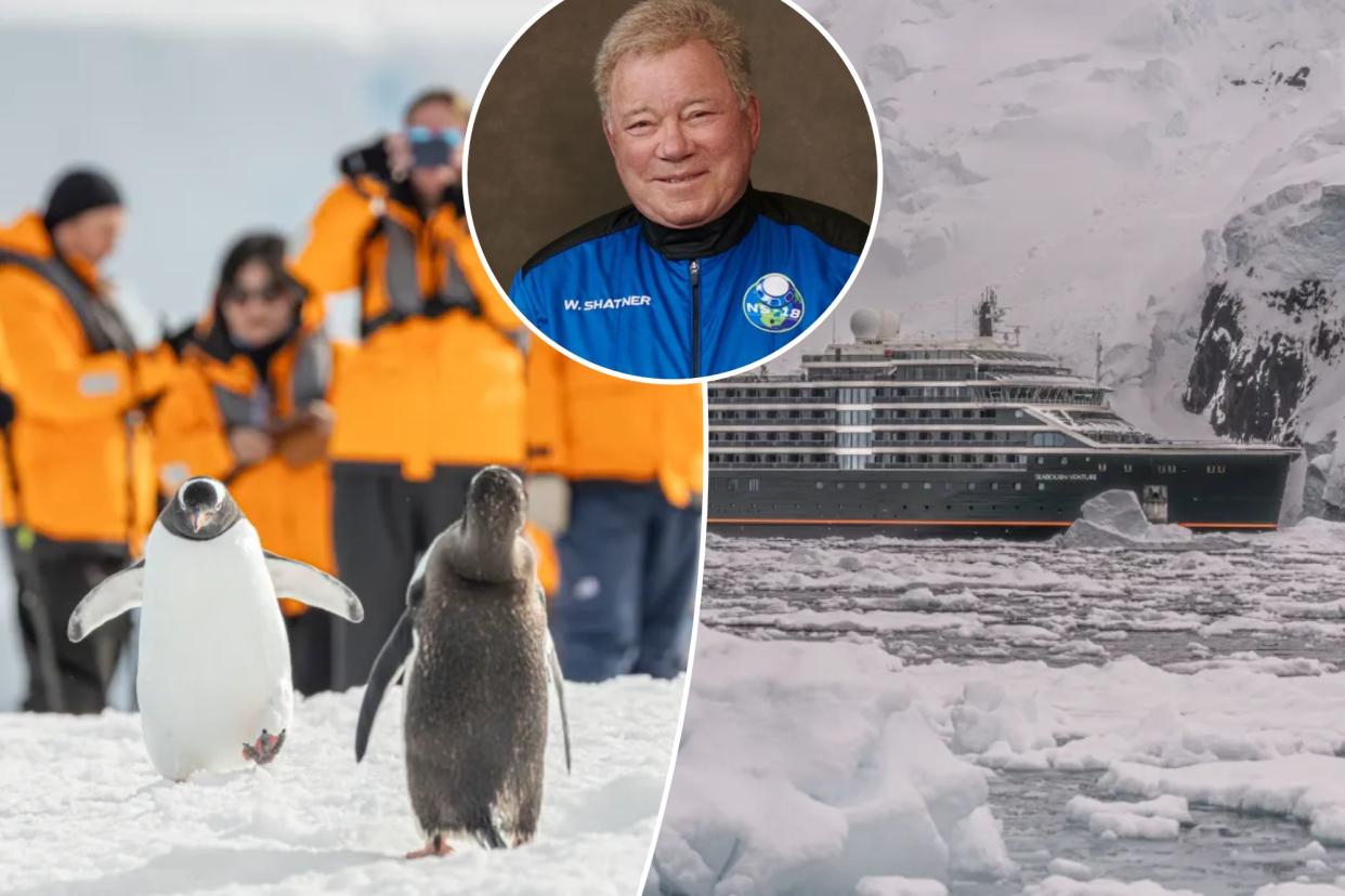 Inset of Bill Shatner over shots of Antarctica and the cruise ship.