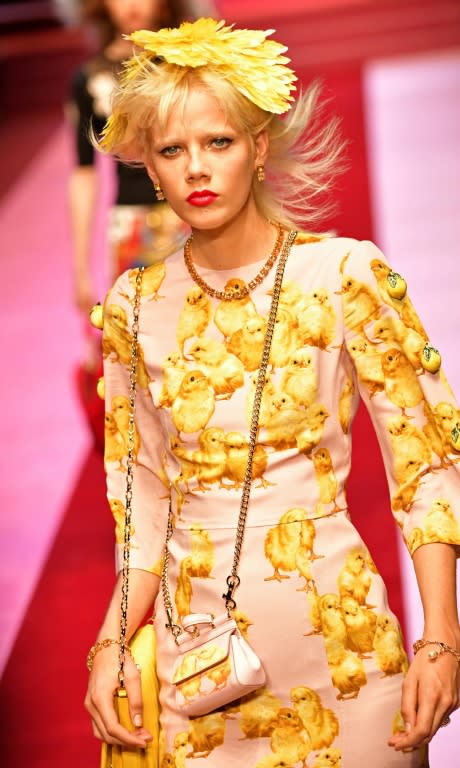 It was typically playful Dolce & Gabbana with glittering gold crowns, fancy bags and silky fabrics printed with baby chicks