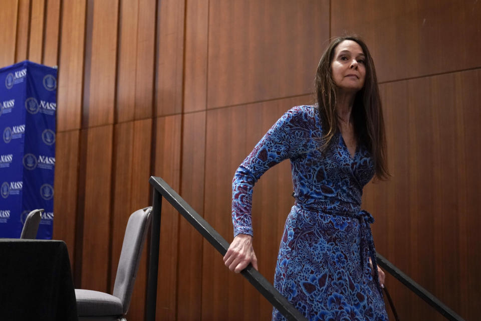 Jen Easterly, director of the Department of Homeland Security's Cybersecurity and Infrastructure Security Agency, departs after speaking at the National Association of Secretaries of State winter meeting, Thursday, Feb. 16, 2023, in Washington. (AP Photo/Patrick Semansky)