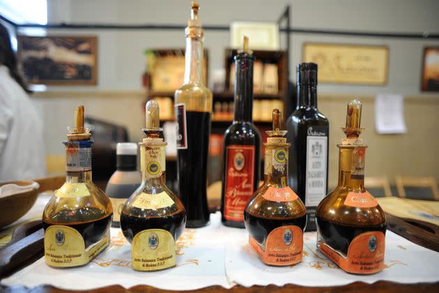 Balsamic vinegar from Modena is displayed with its proper labeling in Turin, Italy. (Photo: Jacopo Raule via Getty Images)