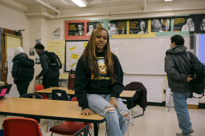 Khia Williams, a senior at Brooklyn Preparatory High School, after her Advanced Placement course in African American Studies, in Williamsburg, Brooklyn on March 2, 2023. (José A. Alvarado Jr./The New York Times)