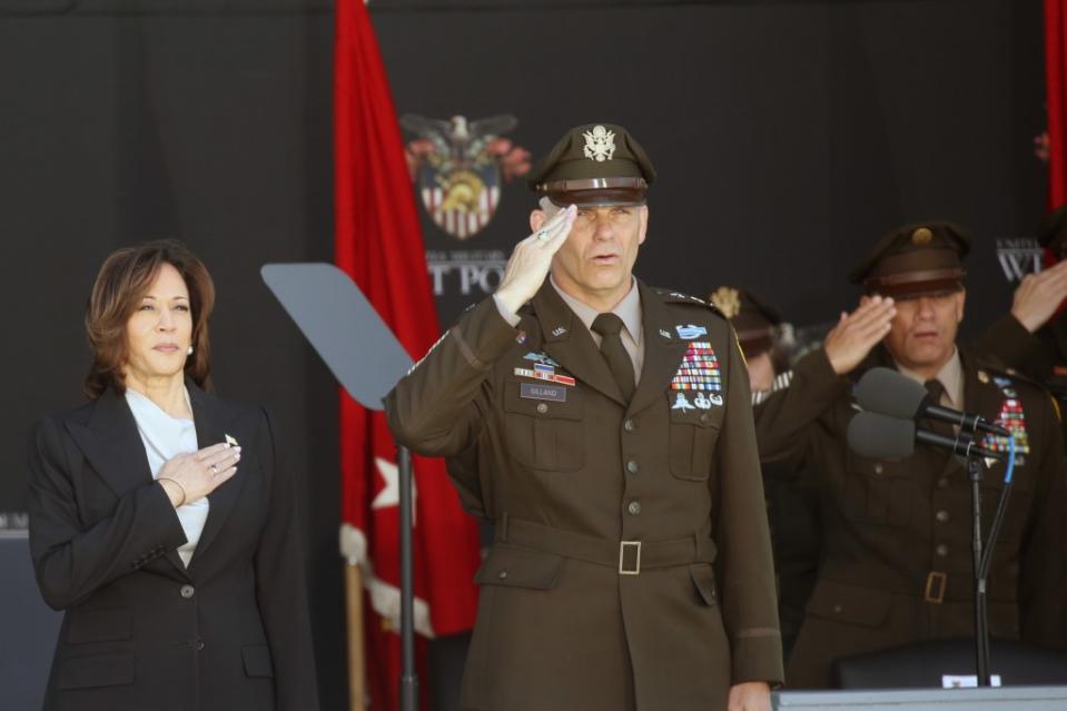 Vice President Kamala Harris and Lt. Gen. Steve Gilland attend West Point’s graduation ceremony on May 27, 2023. Getty Images