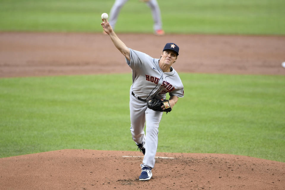 Houston Astros starting pitcher Zack Greinke delivers during the first inning of a baseball game against the Baltimore Orioles, Tuesday, June 22, 2021, in Baltimore. (AP Photo/Nick Wass)