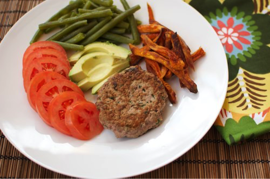 "Start with your favorite turkey or beef burger recipe. Pair with baked sweet potato fries, roasted veggies and avocado. Don’t have a burger recipe? Make a plate like this from leftover cooked chicken, meat, kebabs or rotisserie chicken." <br> <br> --Nour Zibdeh  