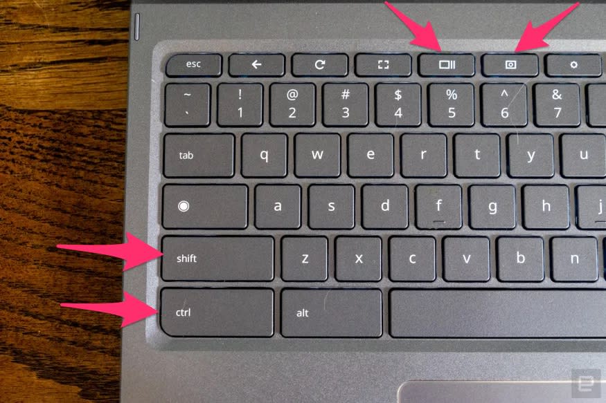 A photo of the Acer Chromebook Spin 713's keyboard, with arrows highlighting the location of the Shift, Ctrl, Show Windows and Screenshot keys.