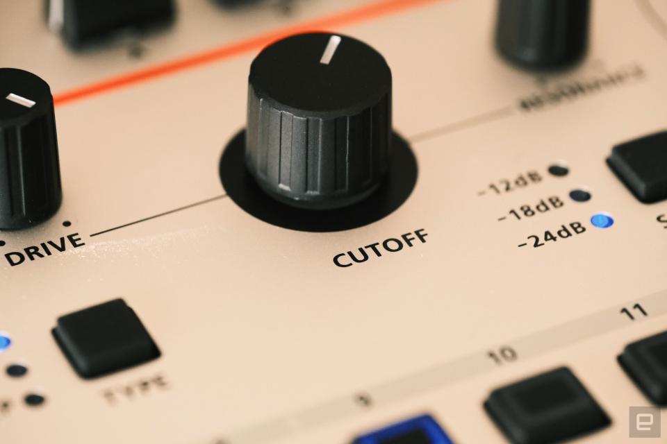 The filter cutoff knob and slope LEDs on the Roland Gaia 2