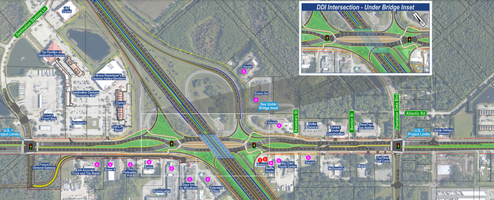 One of two options for the redesign of the Interstate 95-U.S. 1 interchange in Ormond Beach is the diverging diamond. It reduces conflict points for left-turning vehicles, improves left-turn capacity and minimizes traffic queues, or blocks of stopped vehicles at intersections.