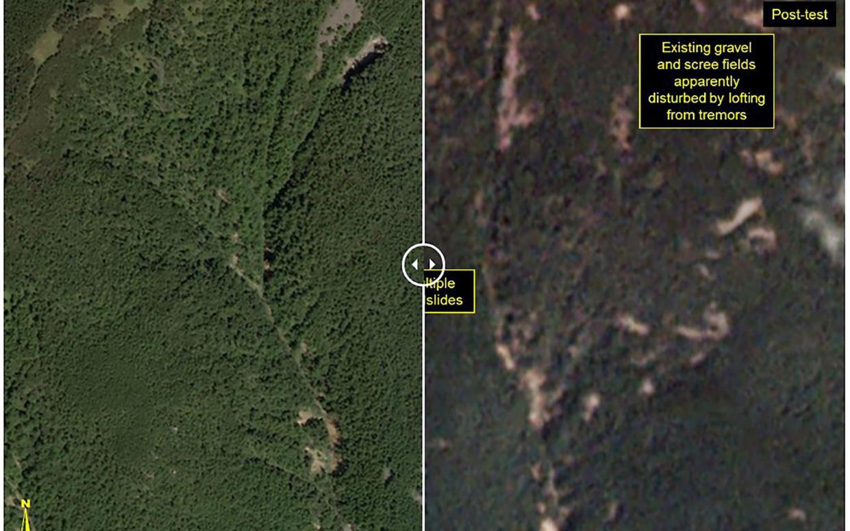 This before-and-after images courtesy of Planet, show a closer view of the Punggye-ri test site where the atomic test was carried out - AFP