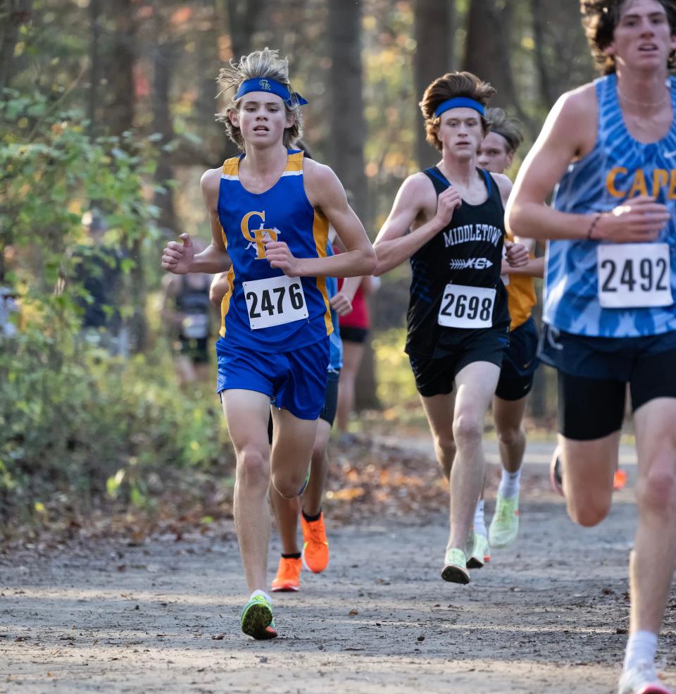 Caesar Rodney's Maddox Downs (2476) runs to a ninth place in the DIAA 2022 Cross Country Boy’s Division I Championship at Killens Pond State Park in Felton, Del.