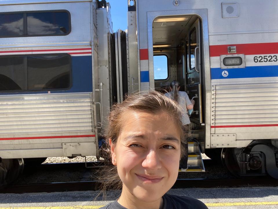 The author takes a selfie outside of her sleeper car