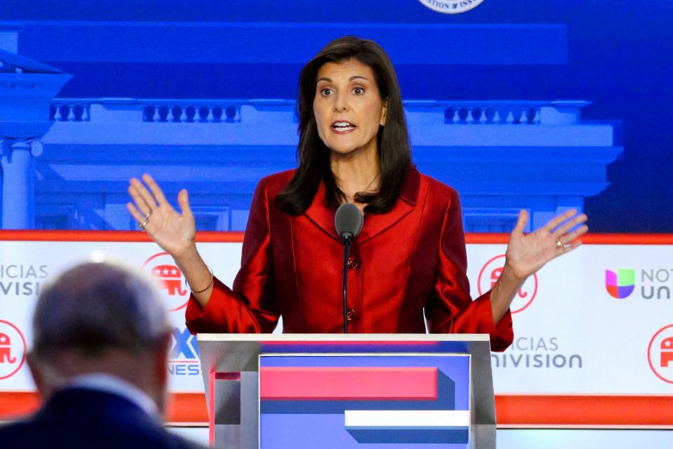 Former South Carolina Gov. Nikki Haley speaks during the FOX Business Republican presidential primary debate at the Ronald Reagan Presidential Library and Museum.