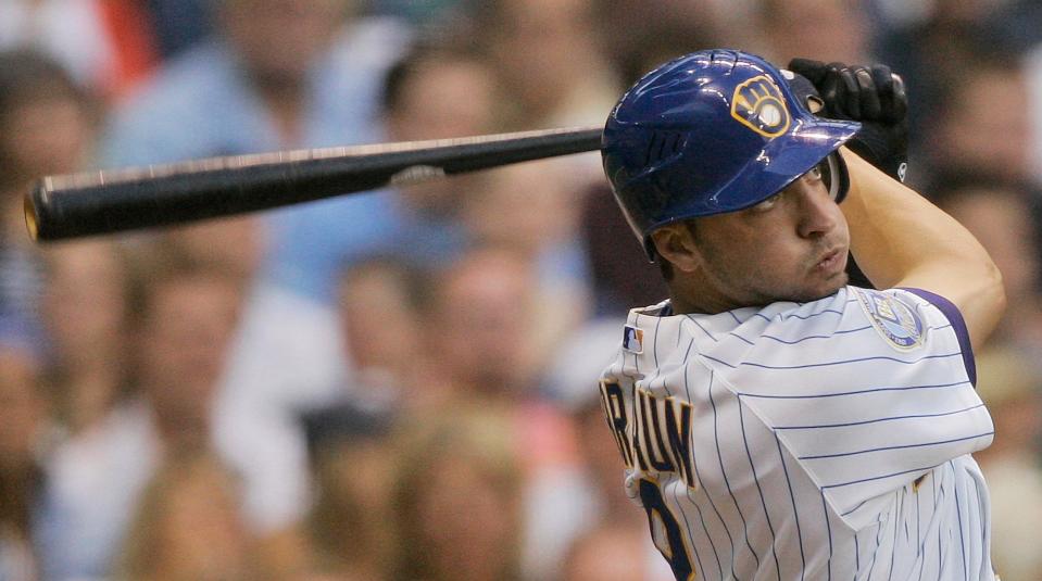 Milwaukee Brewers' Ryan Braun hits a three-run home during the third inning of a baseball game against the Colorado Rockies Friday, July 13, 2007, in Milwaukee. Braun, who was part of a back-to-back-to-back home run sequence that year, has since participated twice more (2012, 2015).